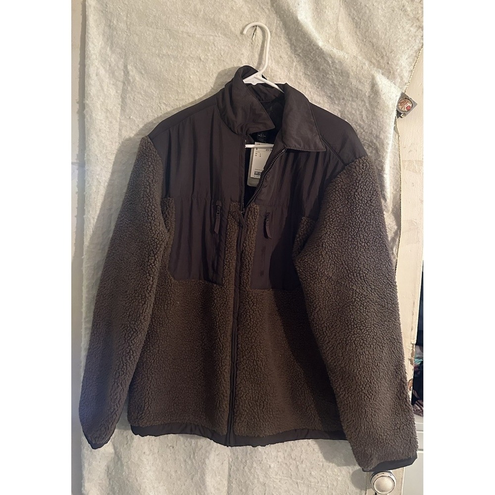 H&M Brown Faux Shearling Fleece Jacket Mens Full Zip Hybrid Utility Style Large